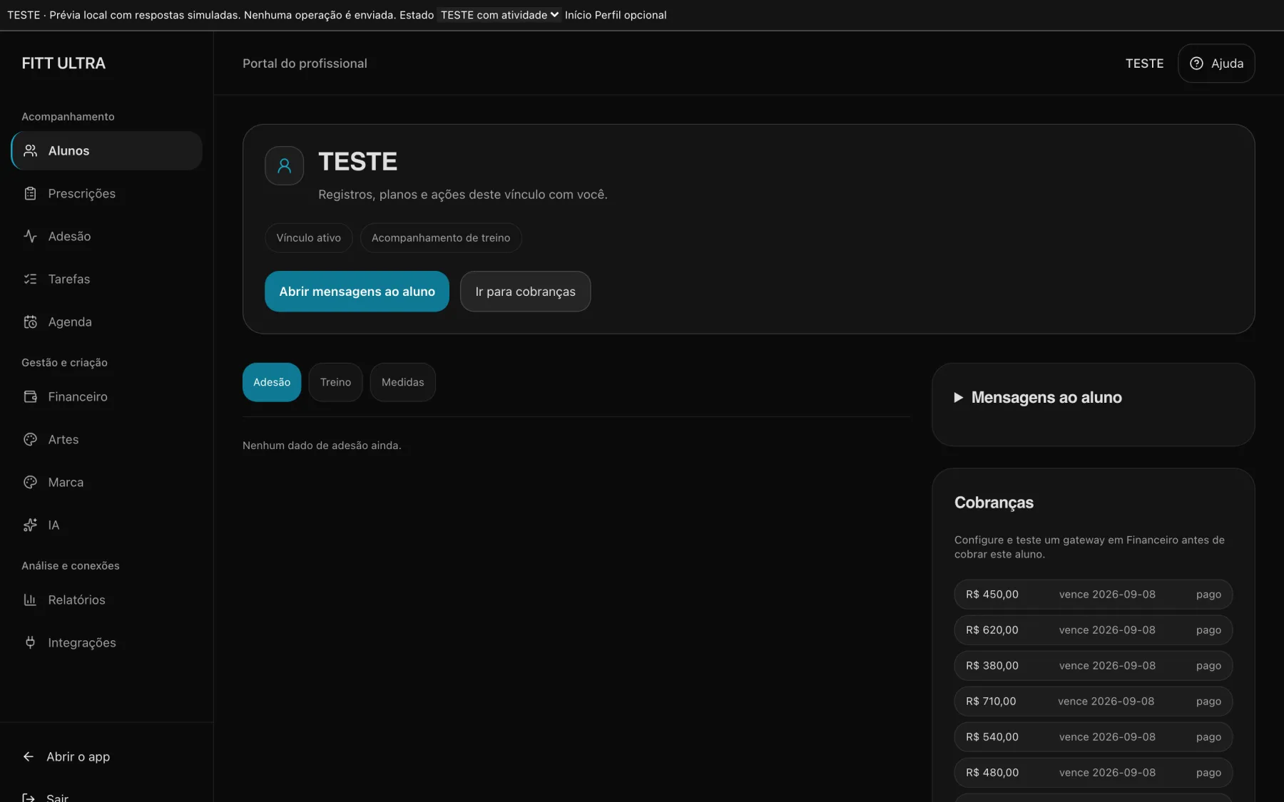 Ficha de aluno no FITT ULTRA com dados de demonstração