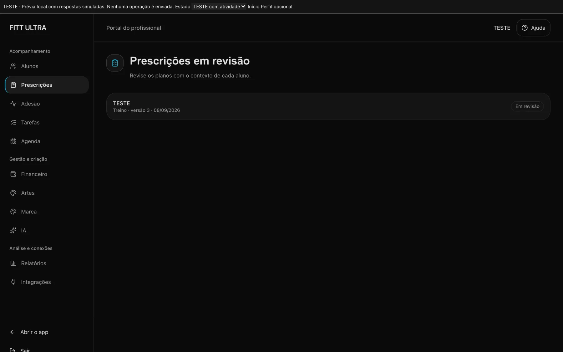 Área de planos profissionais do FITT ULTRA em demonstração