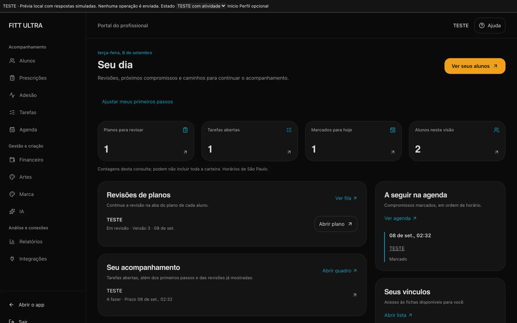 Demonstração do dashboard FITT ULTRA